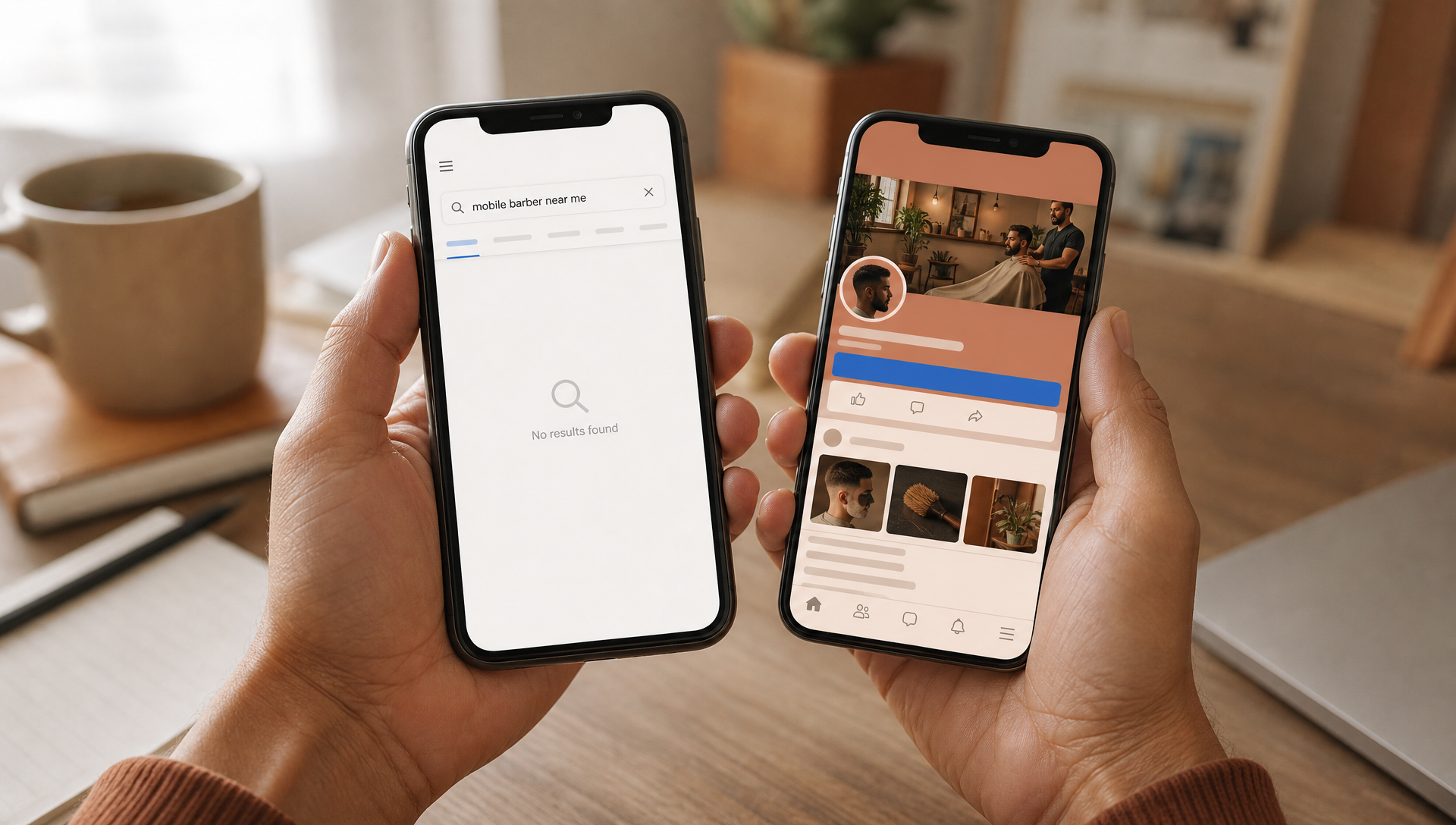 A phone showing an empty Google search for a mobile barber next to a phone showing a busy Facebook business page